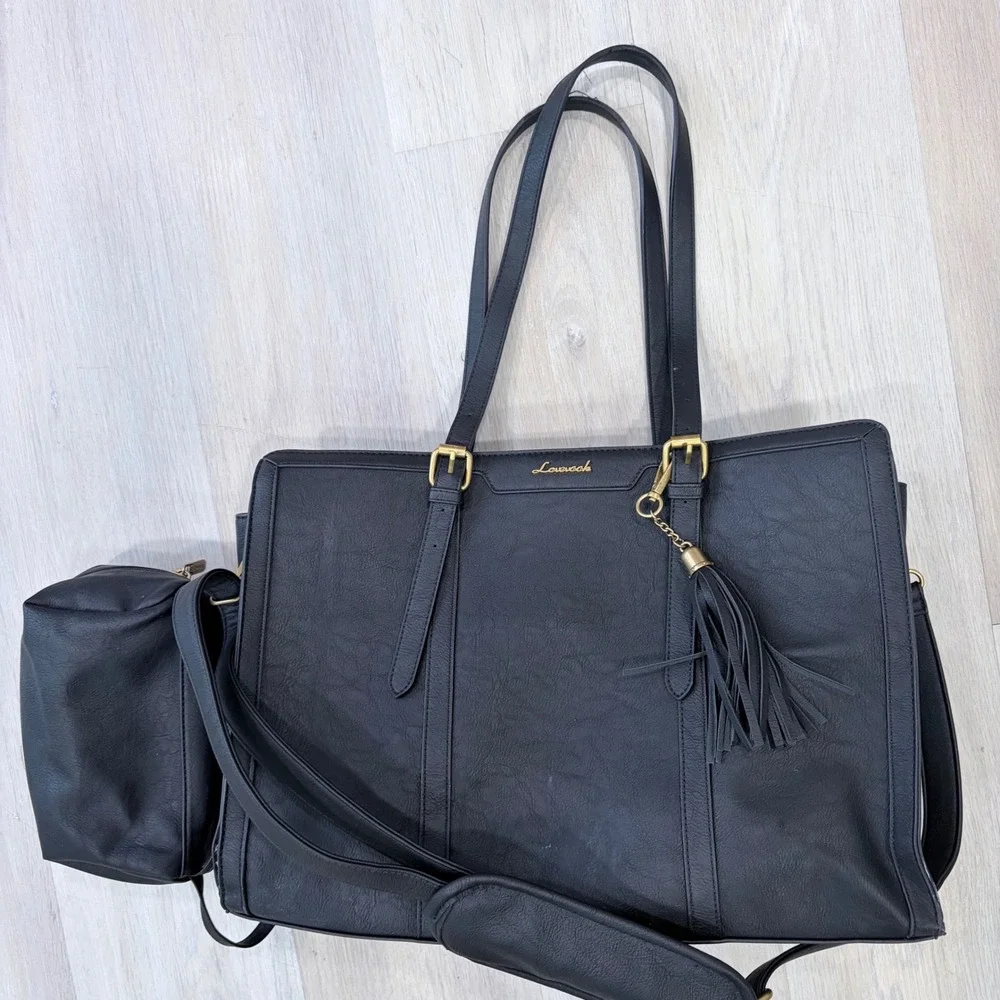 Lovevook‎ Black Laptop Tote Bag Vegan Leather Work Briefcase Crossbody Tassel